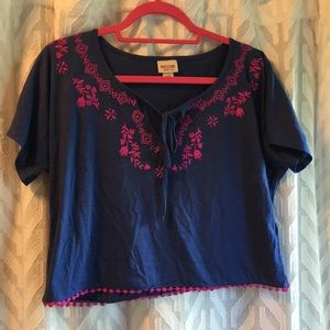 Dark blue blouse with magenta embroidery/fringe